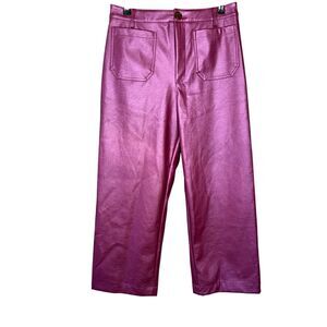 CECE Women's High Waist Wide Leg Faux Leather Pants Pink Size Medium